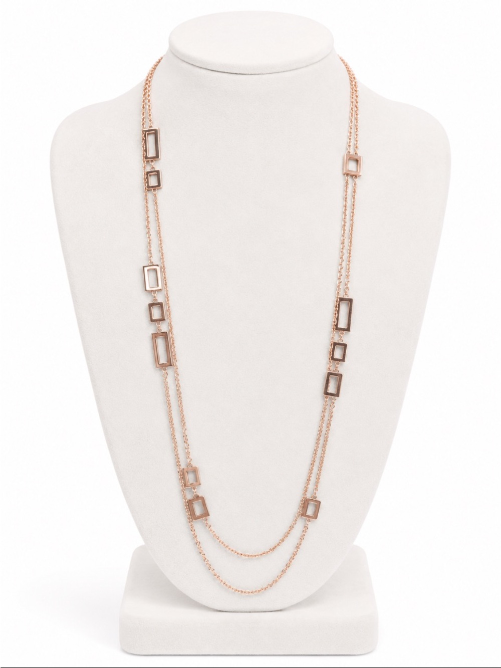 Rose Gold Double-Strand Geometric Open Rectangle Long Necklace